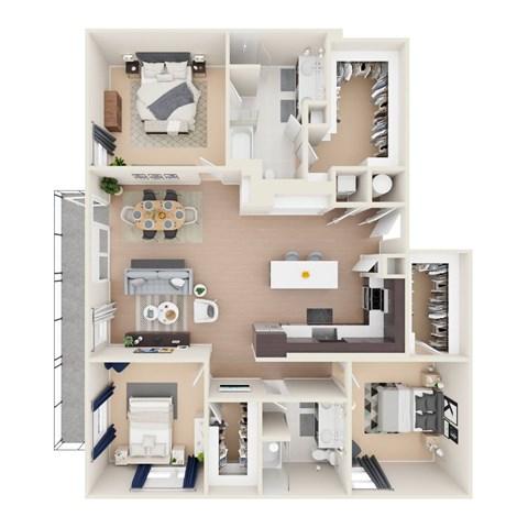 Floor plan for 3 beds, 2 baths, 1623 sqft